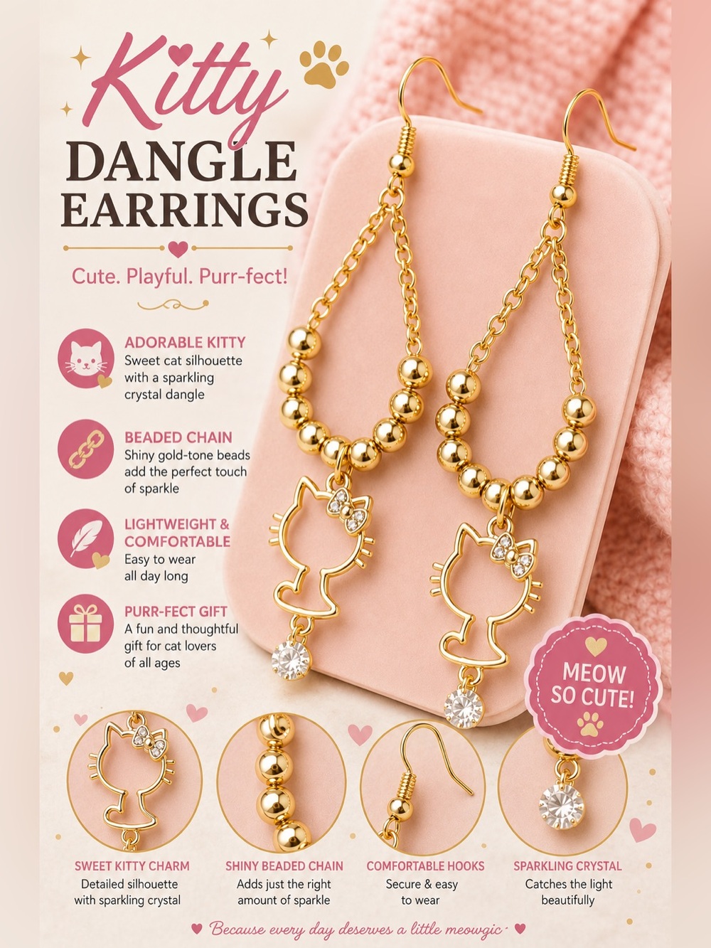 Gold Kitty Dangle Earrings